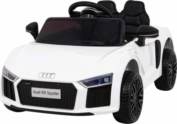 Mașinuță electrică pentru copii Audi R8 Spyder, albă, roți EVA, telecomandă, LED și MP3