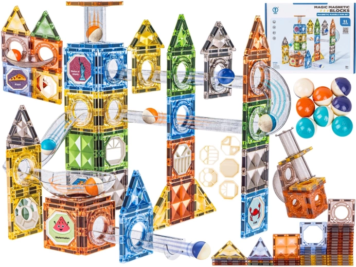 Set de construcție magnetic – pistă cu bile, 91 de piese