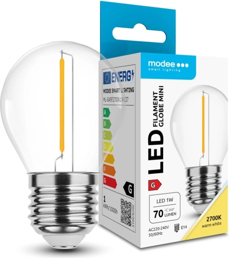 Modee bec LED filament mini G45 1W E27, alb cald 2700K, 70 lm