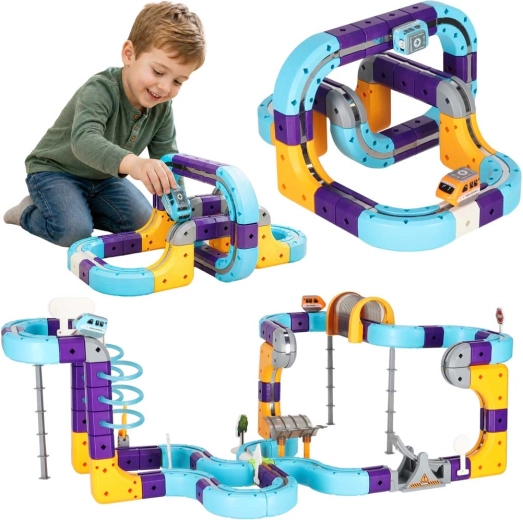 Set de construcție magnetic STEM – pistă de curse pentru mașinuțe, 129 piese