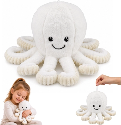 Caracatiță de pluș – jucărie de îmbrățișat cu tentacule elastice, albă, 30 cm