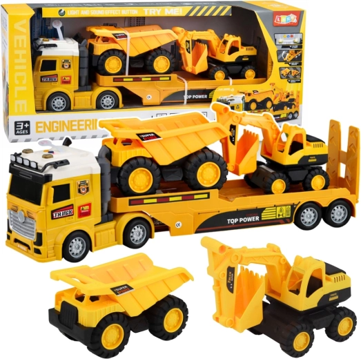 Set de construcții cu ansamblu camion cu remorcă, excavator și basculantă cu lumini și sunete