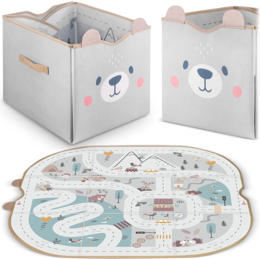 Coș textil pentru jucării și covoraș de joacă 2‑în‑1 – gri