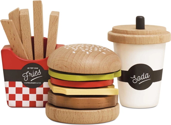 Set de joacă din lemn 3 în 1 Le Toy Van: hamburger, cartofi prăjiți și băutură