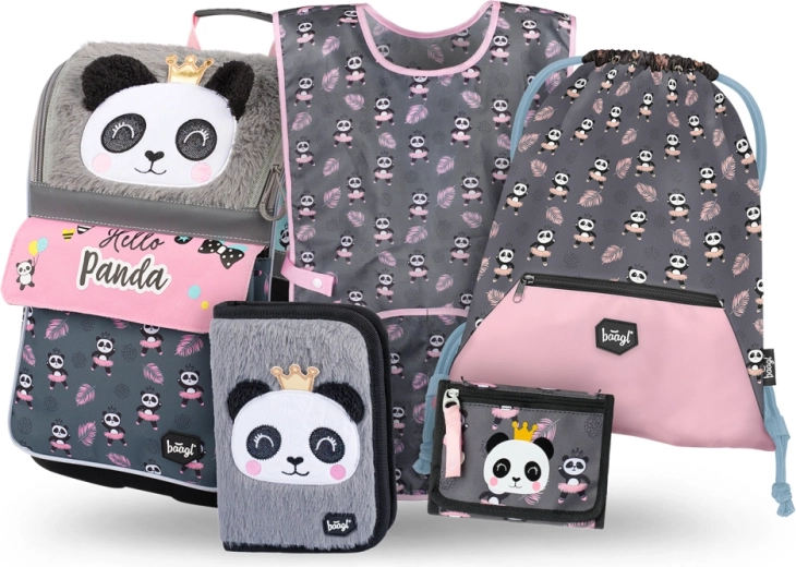 Set școlar BAAGL Zippy Panda – ghiozdan, penar, săculeț, șorț și portofel