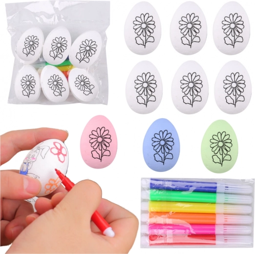 Ouă de Paște din polistiren pentru pictat cu model floral, 6 buc cu markere