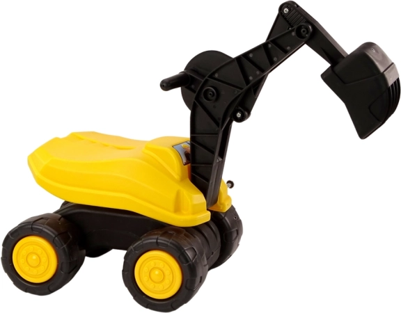 Buldoexcavator mare cu cupă galbenă, rotire 360°, rider de construcții