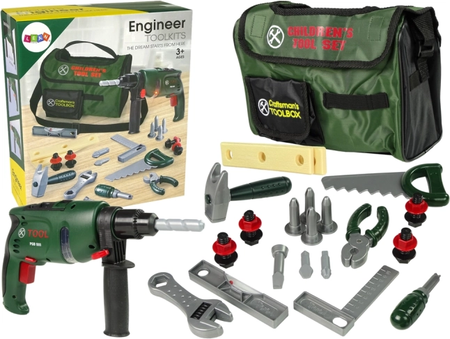Set de unelte pentru copii în geantă cu bormașină, ciocan și fierăstrău