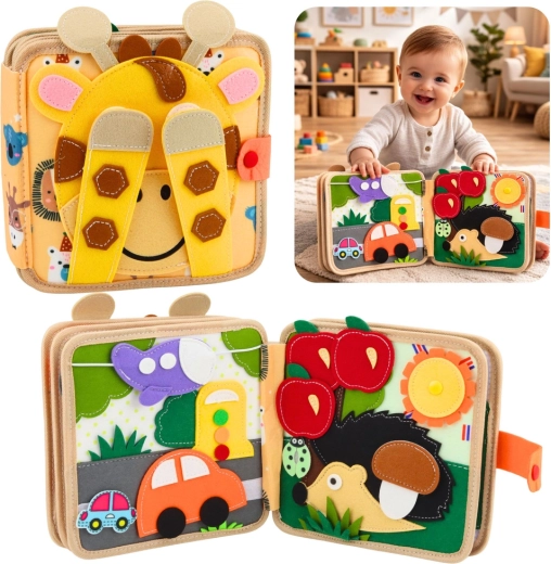 Carte senzorială din fetru cu girafă – carte educativă silențioasă pentru copii