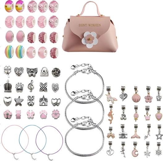 Set pentru realizarea de bijuterii și brățări cu pandantive în nuanțe de roz + borsetă cosmetică (66 piese)