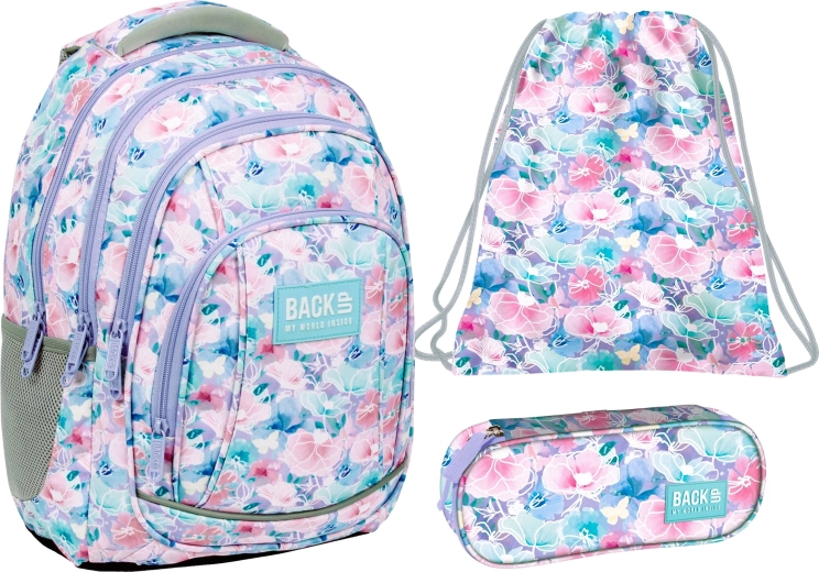 Set școlar BackUP Flori de primăvară 3 în 1 – rucsac, penar și sac