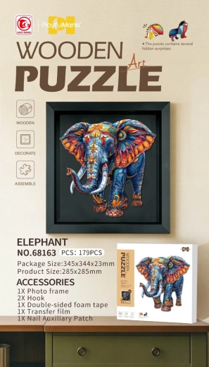 Puzzle din lemn cu elefant, 179 de piese, cu ramă
