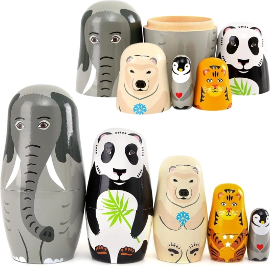 Matrioșka din lemn cu animale – set 5 buc.