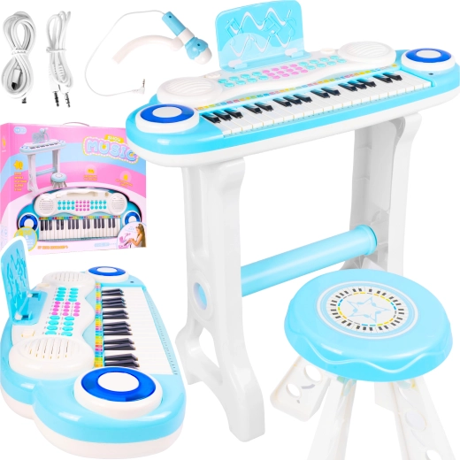 Pian electronic pentru copii cu microfon și scăunel mp3, albastru