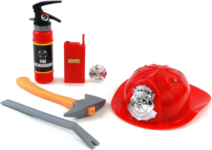 Set de pompieri pentru copii cu stingător funcțional care pulverizează apă și cască