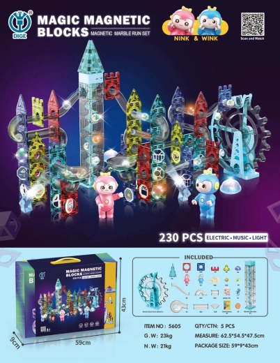 Set de construcție magnetic cu pistă pentru bile, 230 de piese