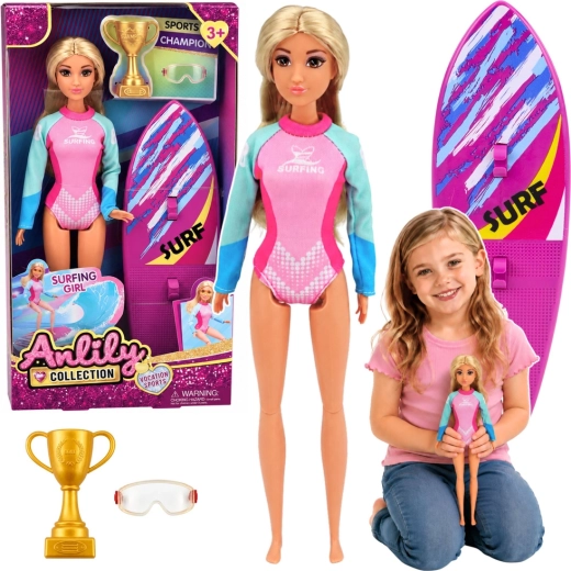 Păpușa Anlily surferiță cu placă de surf și accesorii