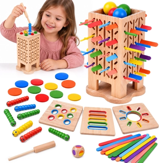 Joc educativ din lemn 5 în 1 cu turn, bile și bețișoare
