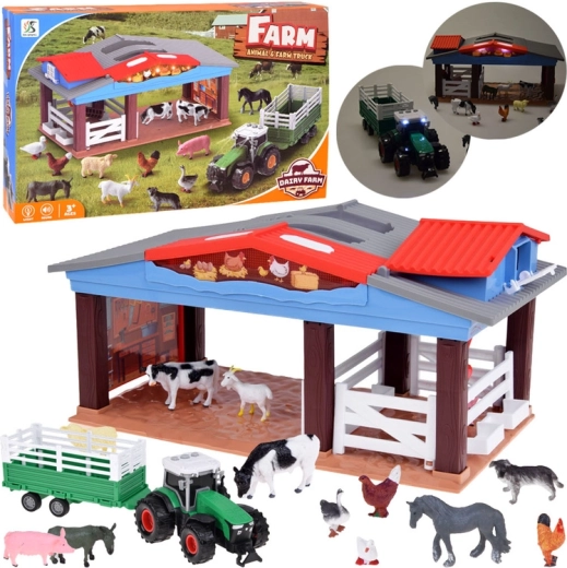 Fermă pentru copii cu animale, tractor și remorcă, cu lumină și sunet