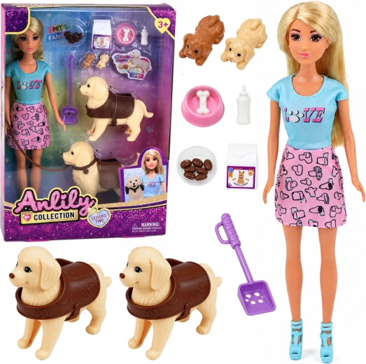 Set Anlily: păpușă cu doi căței și accesorii pentru îngrijirea animăluțelor 30 cm
