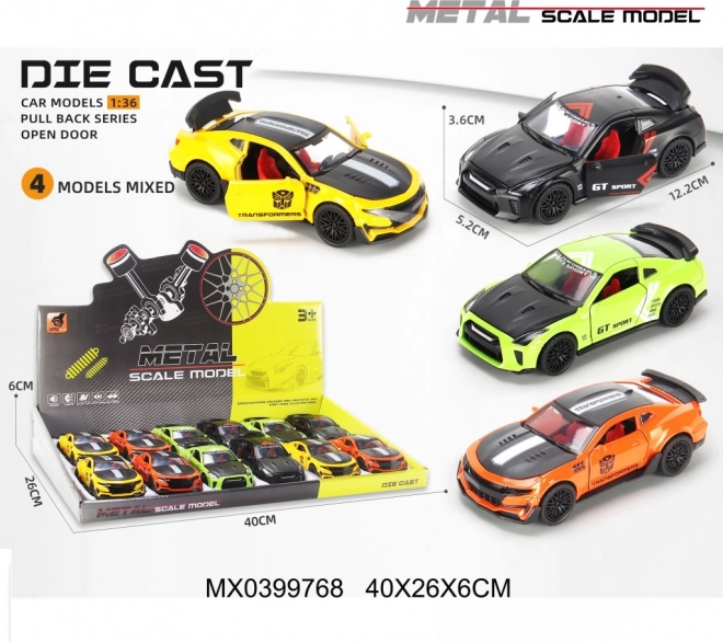 Mașinuță sport metalică 1:36 cu uși care se deschid și mecanism pull-back