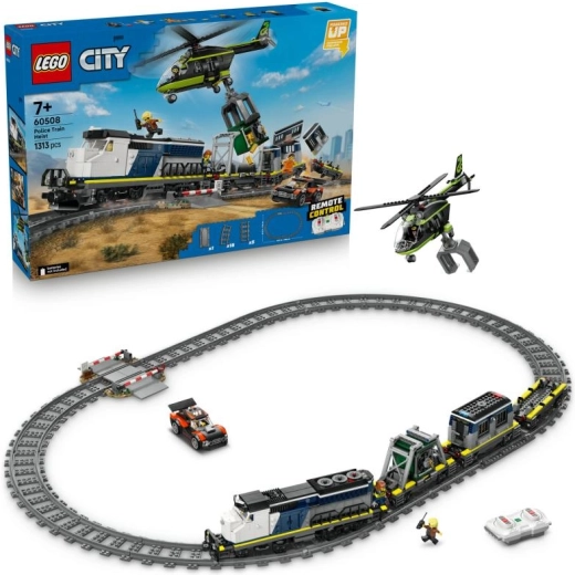 LEGO City Jaf în trenul de poliție – garnitură de tren controlată de la distanță cu elicopter și minifigurine
