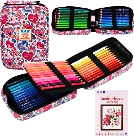 Penar cu trei compartimente cu creioane colorate 72 buc., ascuțitoare, gumă și carte de colorat – flori