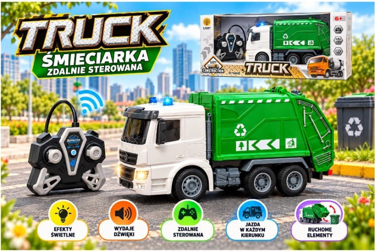 Camion de gunoi radiocomandat cu lumini și încărcător