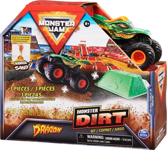 Monster Jam Dragon – camion monstru metalic 1:64 cu rampă de sărituri și nisip