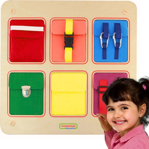 Placă de activități din lemn MASTERKIDZ Flex cu buzunare colorate și închideri