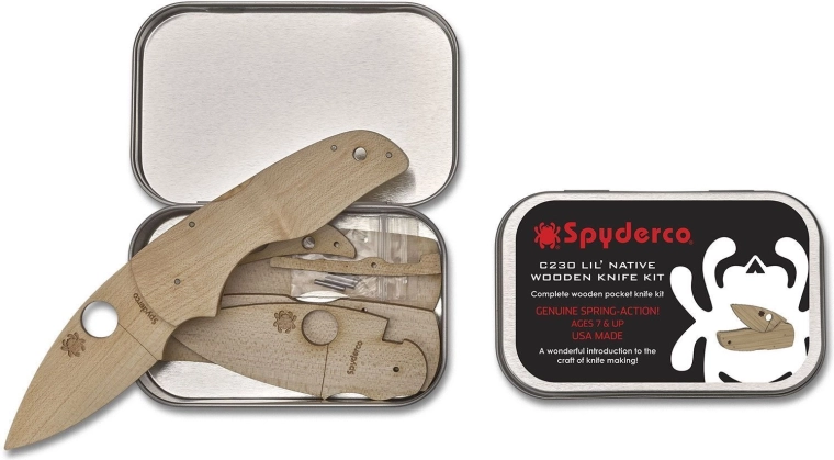 Set de construcție din lemn al cuțitului Spyderco Lil' Native în cutie metalică