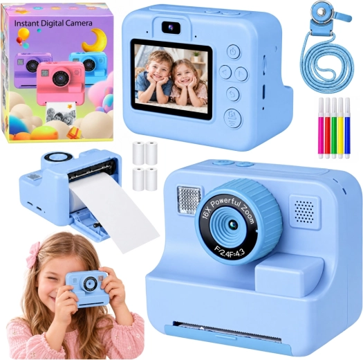 Aparat foto digital pentru copii cu imprimare instantanee, albastru