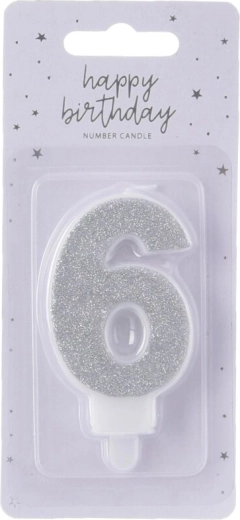 Lumânare argintie pentru tort, cifra 6, 7 cm