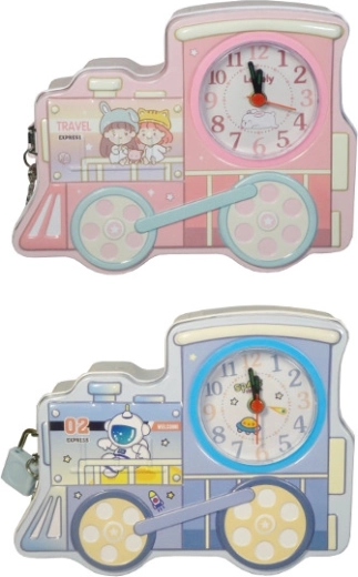 Pușculiță pentru copii în formă de locomotivă, cu lacăt și ceas