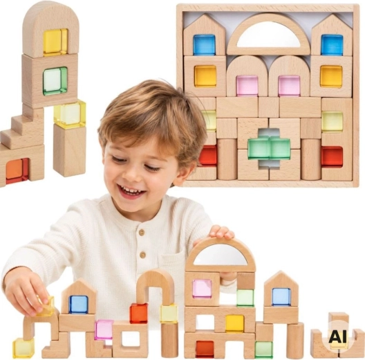 Viga cuburi de construcție din lemn cu ferestre colorate 32 buc.