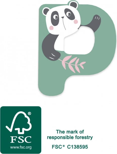 literă P din lemn cu panda