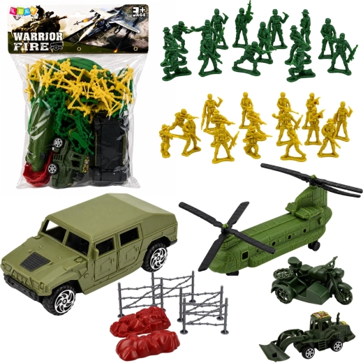 Set de joacă militar cu soldați, vehicule și elicopter (58 piese)