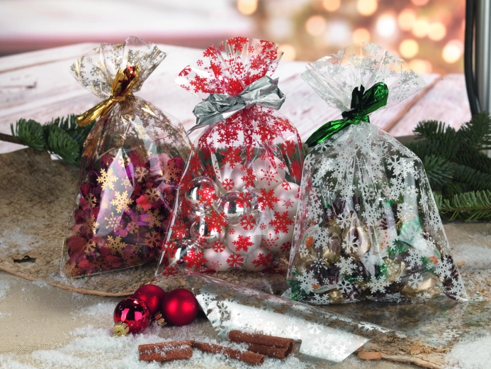 Pungă celofan 20 × 32 cm cu motiv fulgi de zăpadă, transparentă