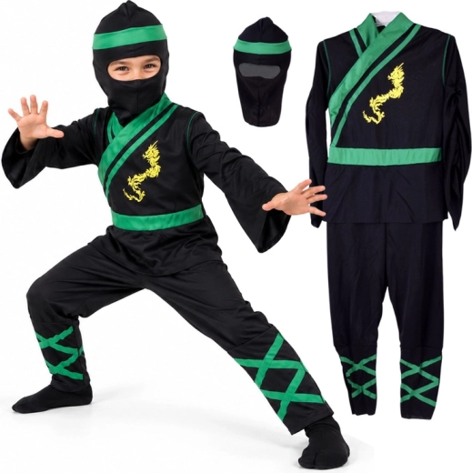 Costum ninja pentru copii cu detalii verzi, mărimea M