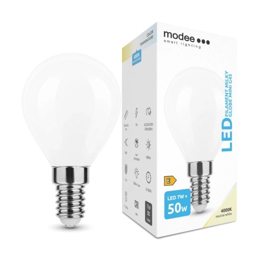 Bec LED Modee Smart Lighting Filament Milky Globe Mini E14 7 W alb neutru