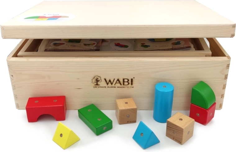 Cubi magnetici din lemn WABI set educativ 120 piese cu suport magnetic 3+