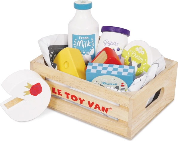 Cutie din lemn cu produse lactate pentru copii