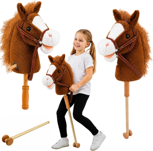 Hobby horse pe băț cu mâner din lemn, sunete de galop și nechezat, maro 100 cm