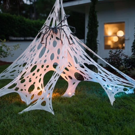 Decorațiune de Halloween în formă de pânză de păianjen cu țăruși, 1 × 2 m, albă
