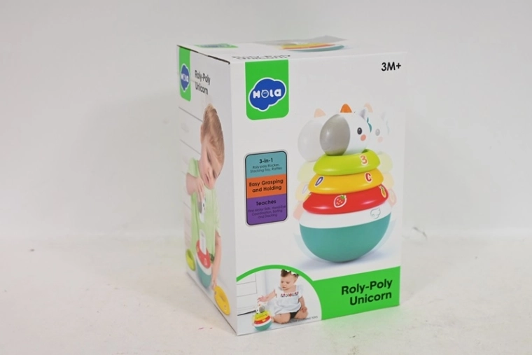 SmilyP unicorn 3în1: piramidă, jucărie de potrivire, zornăitoare și jucărie tip „roly-poly”
