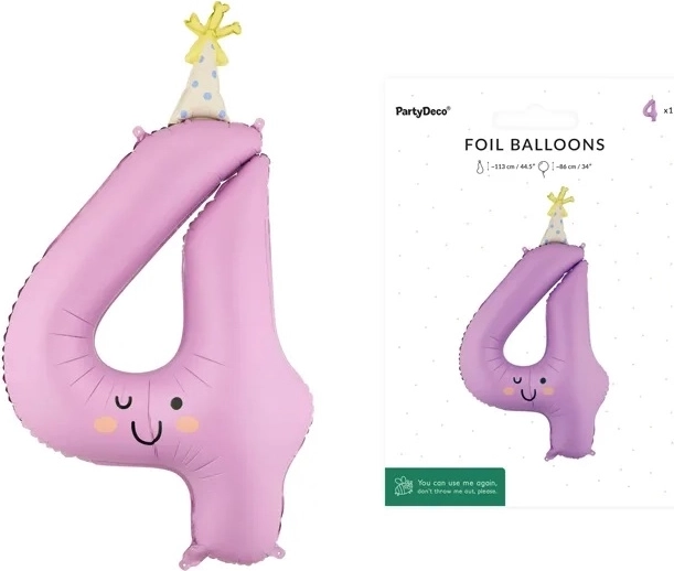 Balon din folie numărul 4, lavandă, cu față