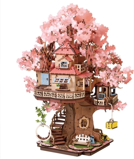 RoboTime Rolife puzzle 3D din lemn – căsuță în copacul Sakura
