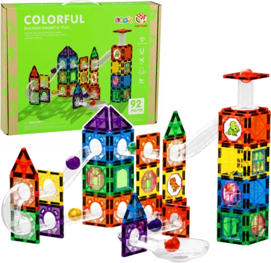 Set de construcție magnetic STEM – pistă cu bile cu dinozauri (92 piese)