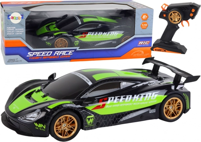 mașină sport RC 1:10 verde‑negru cu LED și 2,4 GHz