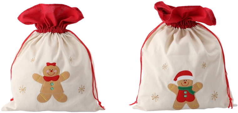 Săculeț cadou 45 × 60 cm bej, mix de modele cu omuleț de turtă dulce